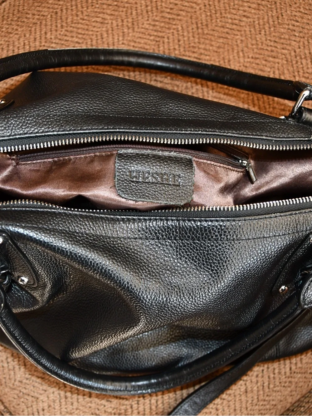 Elegant Black Leather Heshe Satchel Bag with Top Handles & Crossbody Strap